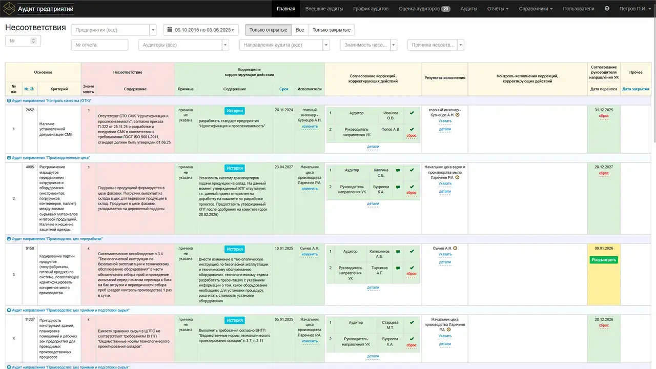 Интерфейс АудитСервис, страница Несоответствия